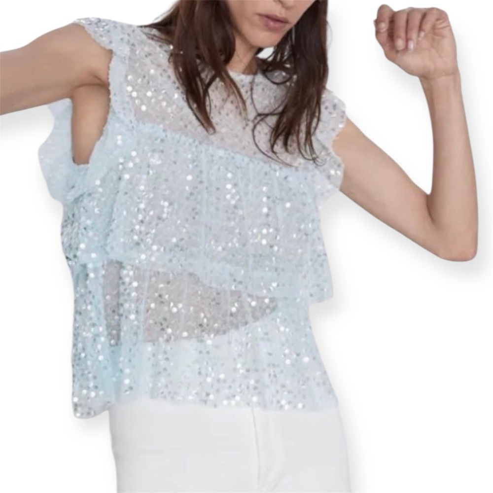 NWT Zara sequin ruffled top pastel blue double ruffle at chest